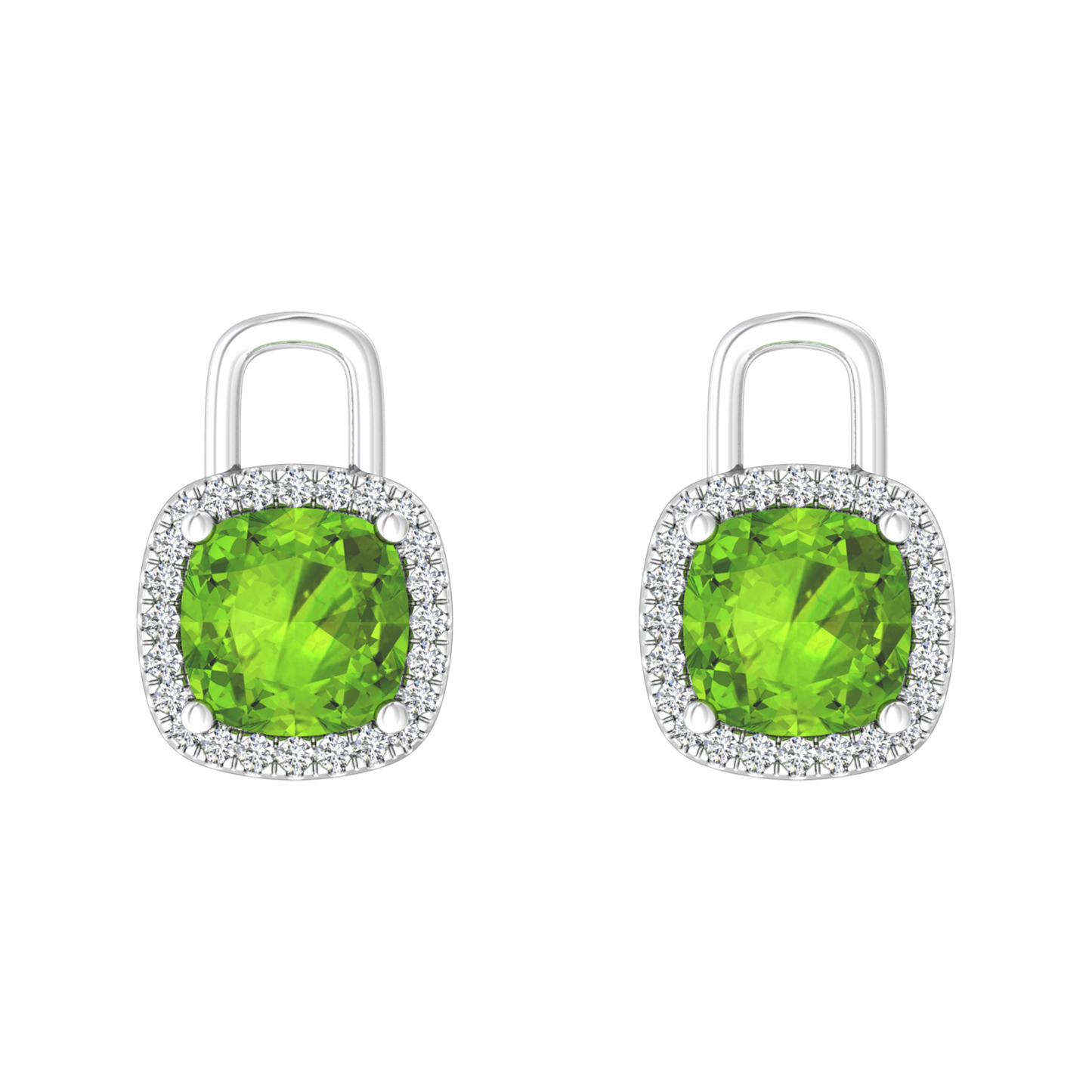 Nova diamond set earrings attachments set with a cushion shaped Peridot Gardiner Brothers White Gold
