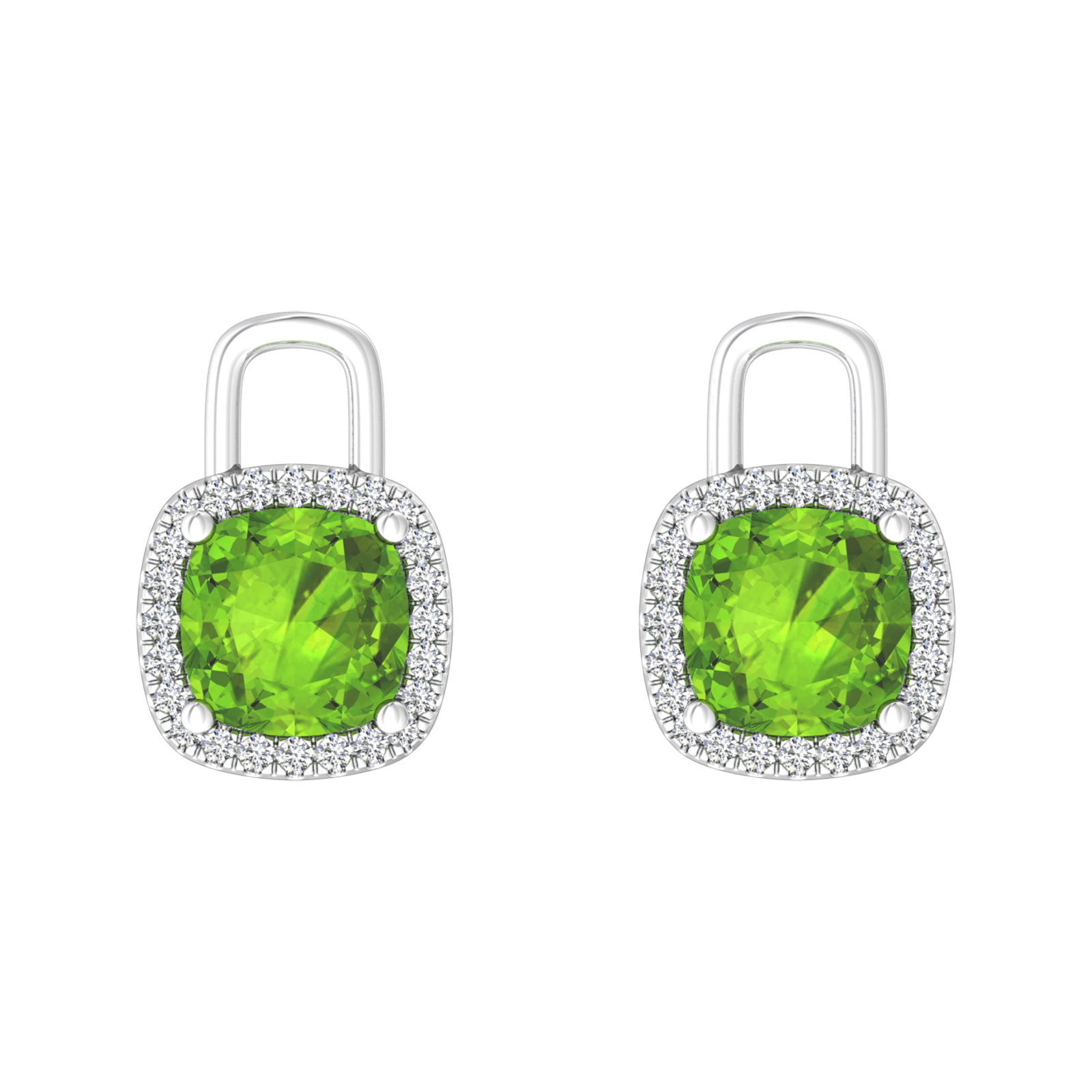 Nova diamond set earrings attachments set with a cushion shaped Peridot Gardiner Brothers White Gold