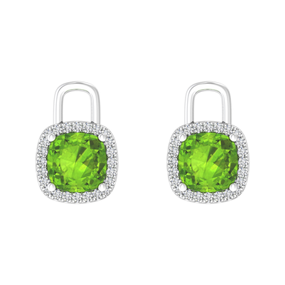 Nova diamond set earrings attachments set with a cushion shaped Peridot Gardiner Brothers White Gold