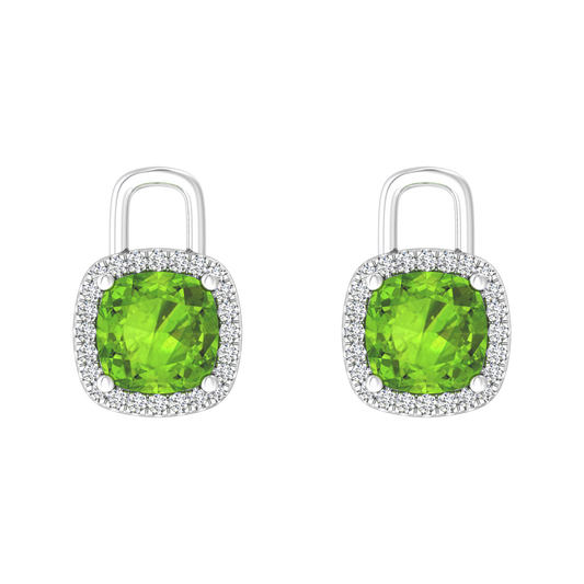 Nova diamond set earrings attachments set with a cushion shaped Peridot Gardiner Brothers White Gold