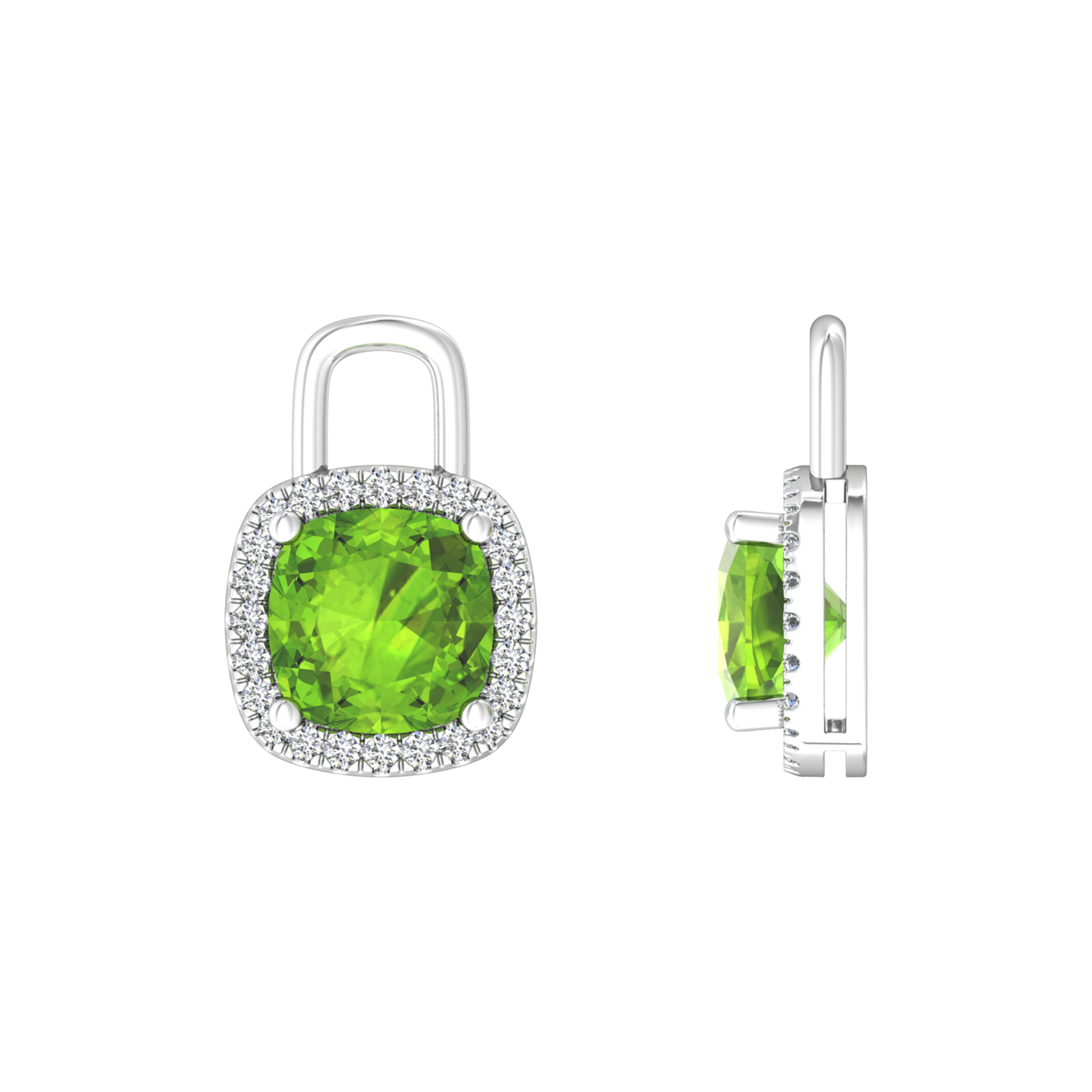 Nova diamond set earrings attachments set with a cushion shaped Peridot Gardiner Brothers