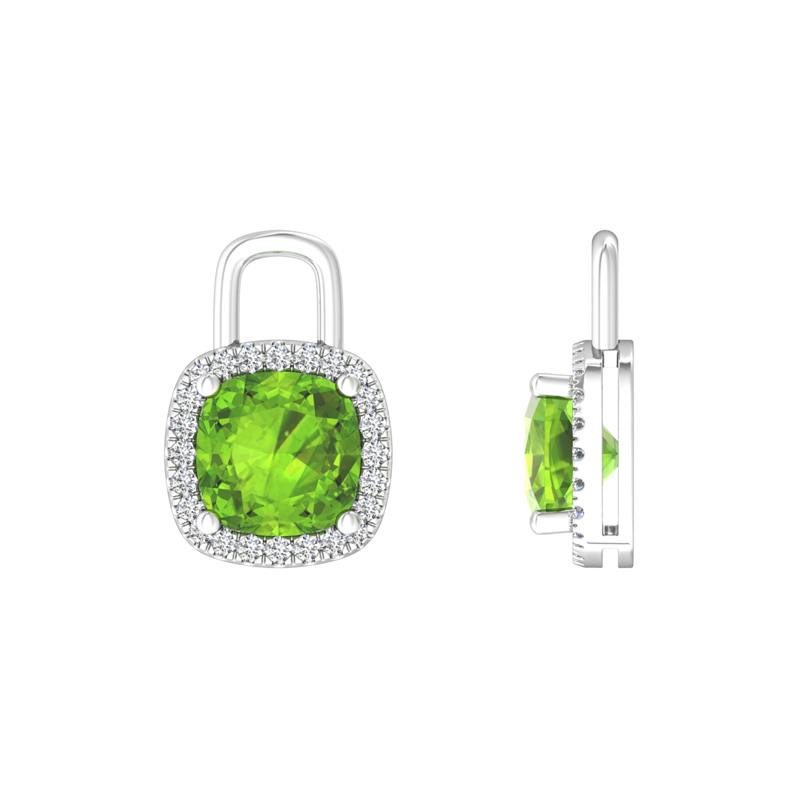 Nova diamond set earrings attachments set with a cushion shaped Peridot Gardiner Brothers