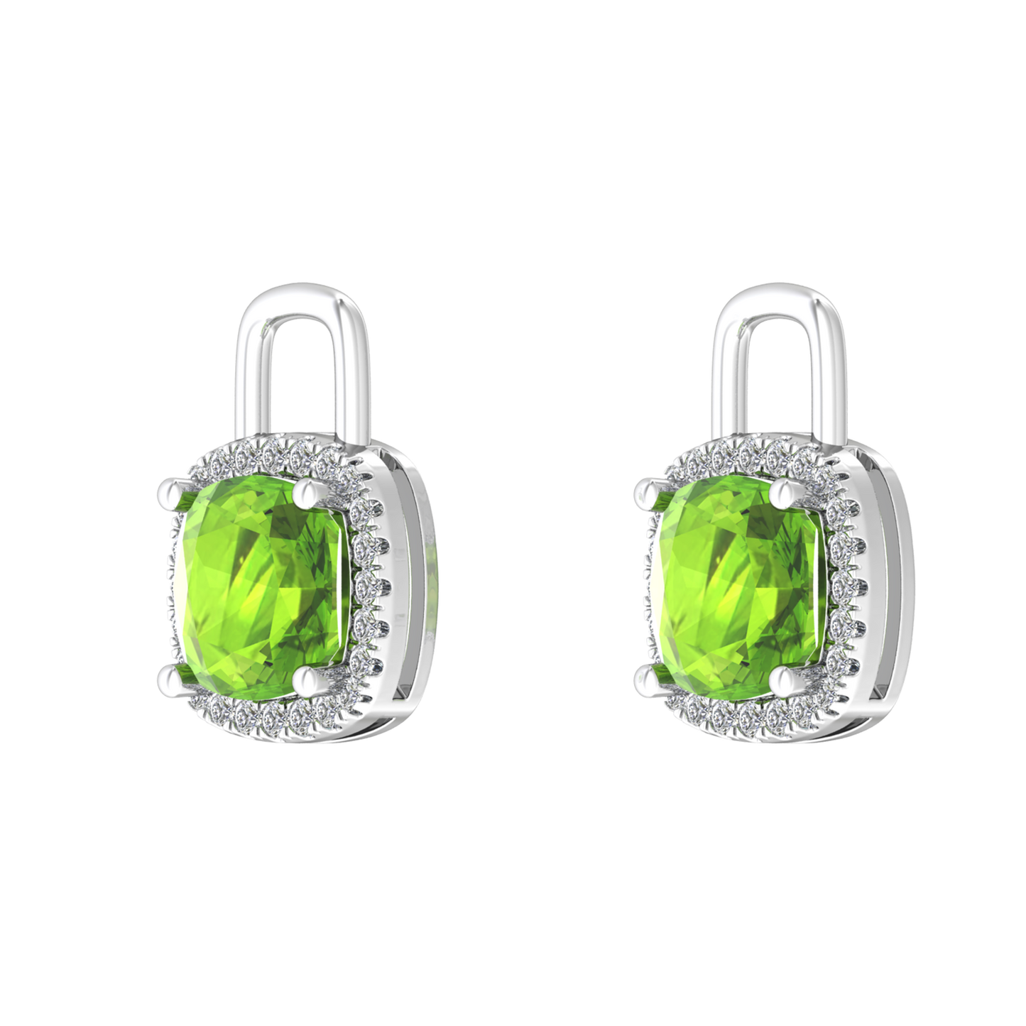 Nova diamond set earrings attachments set with a cushion shaped Peridot Gardiner Brothers