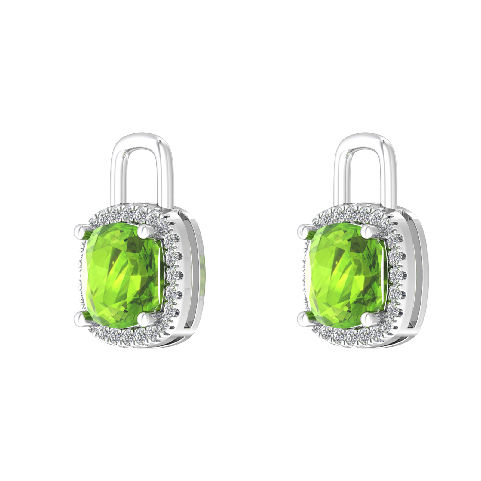 Nova diamond set earrings attachments set with a cushion shaped Peridot Gardiner Brothers