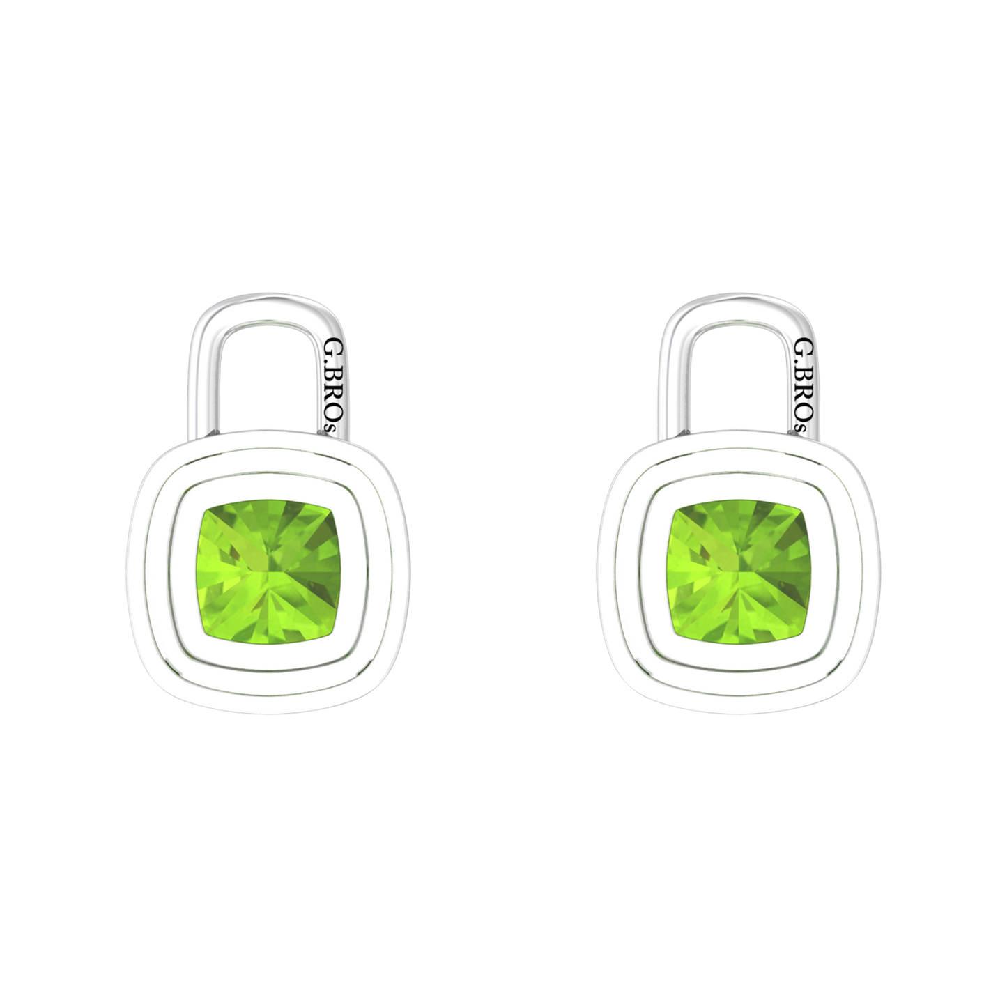 Nova diamond set earrings attachments set with a cushion shaped Peridot Gardiner Brothers