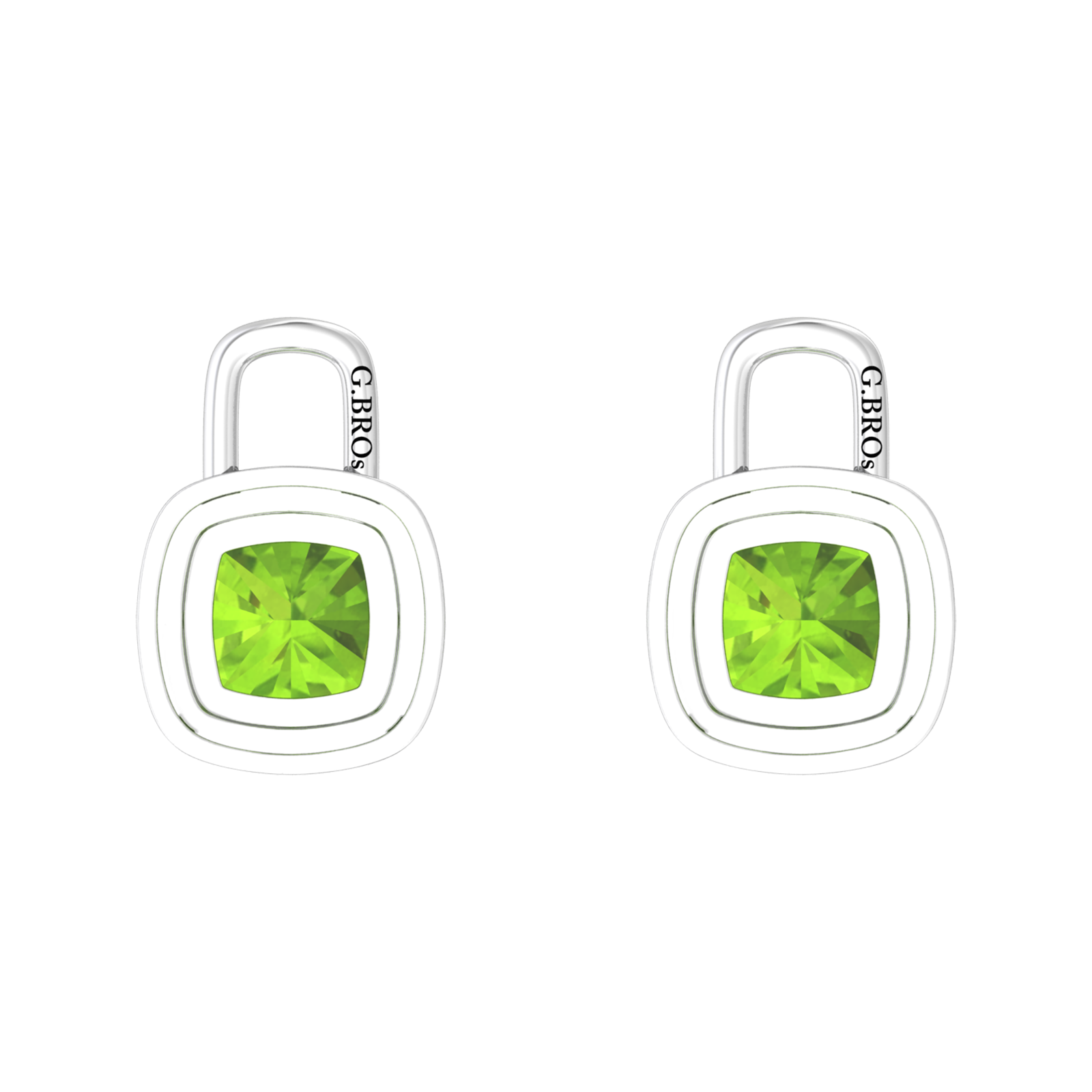 Nova diamond set earrings attachments set with a cushion shaped Peridot Gardiner Brothers