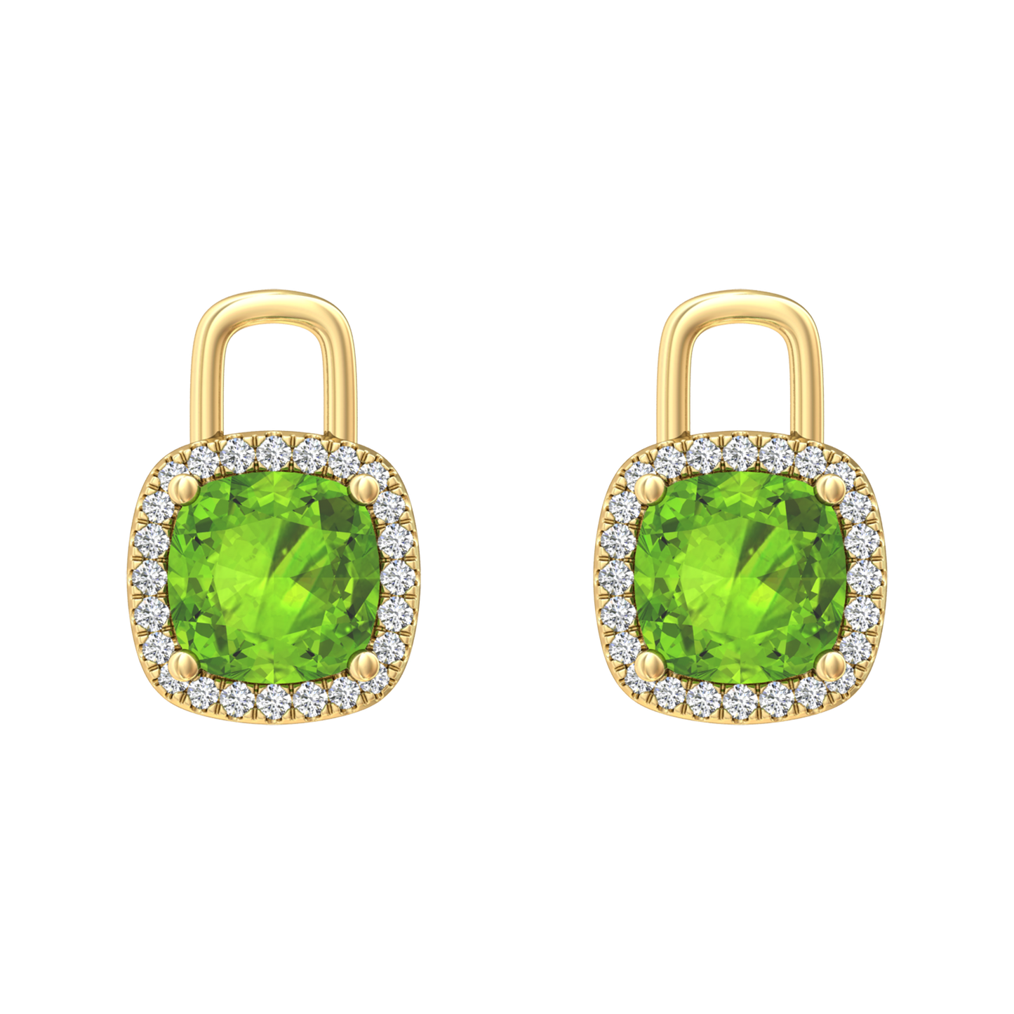 Nova diamond set earrings attachments set with a cushion shaped Peridot Gardiner Brothers Yellow Gold