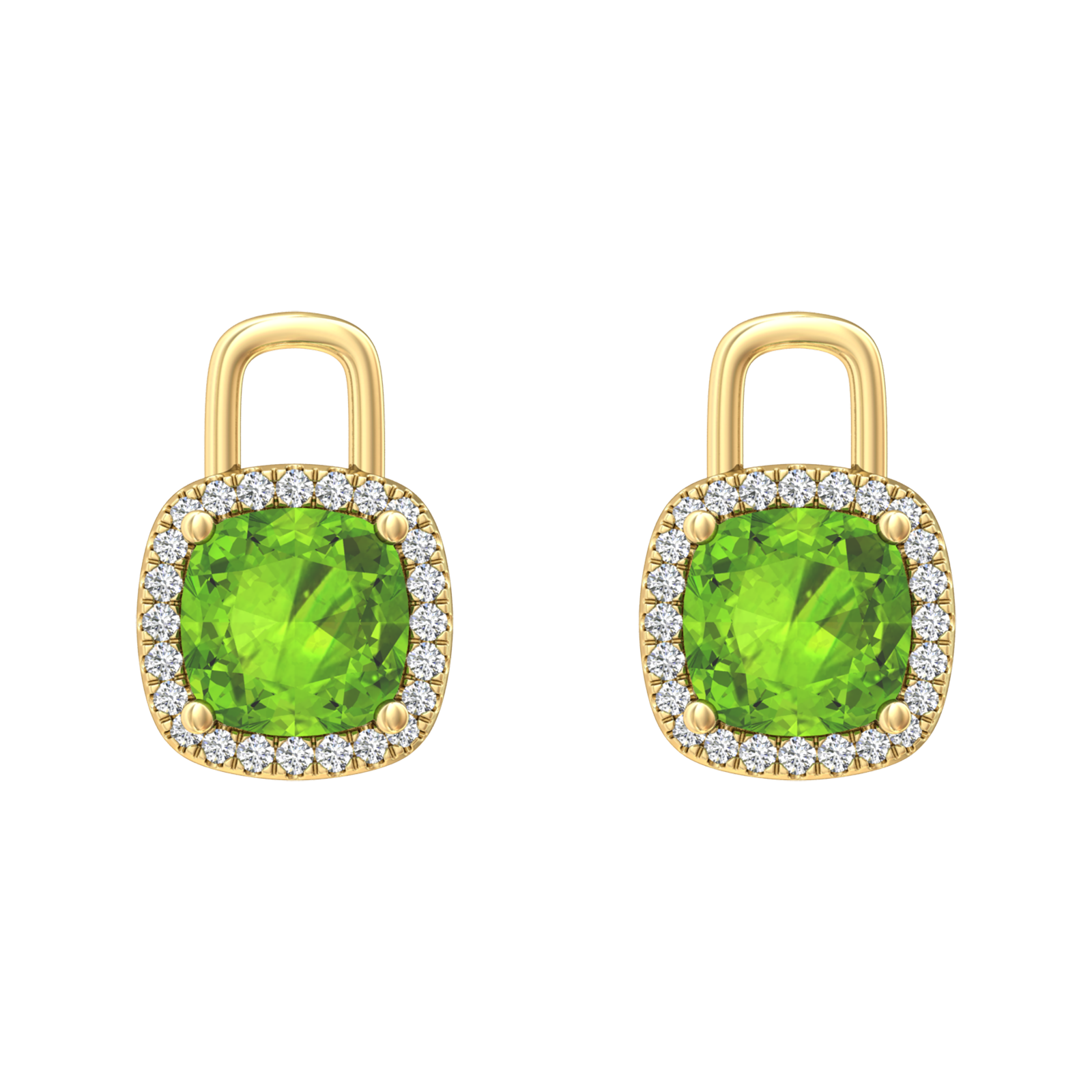 Nova diamond set earrings attachments set with a cushion shaped Peridot Gardiner Brothers Yellow Gold