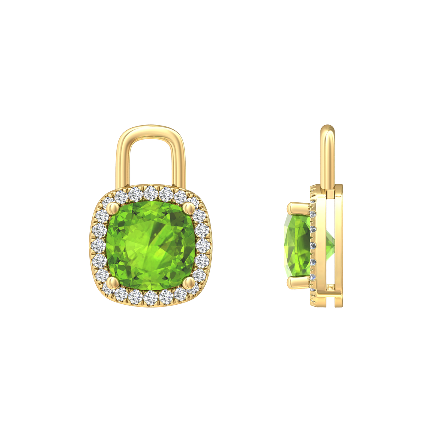 Nova diamond set earrings attachments set with a cushion shaped Peridot Gardiner Brothers