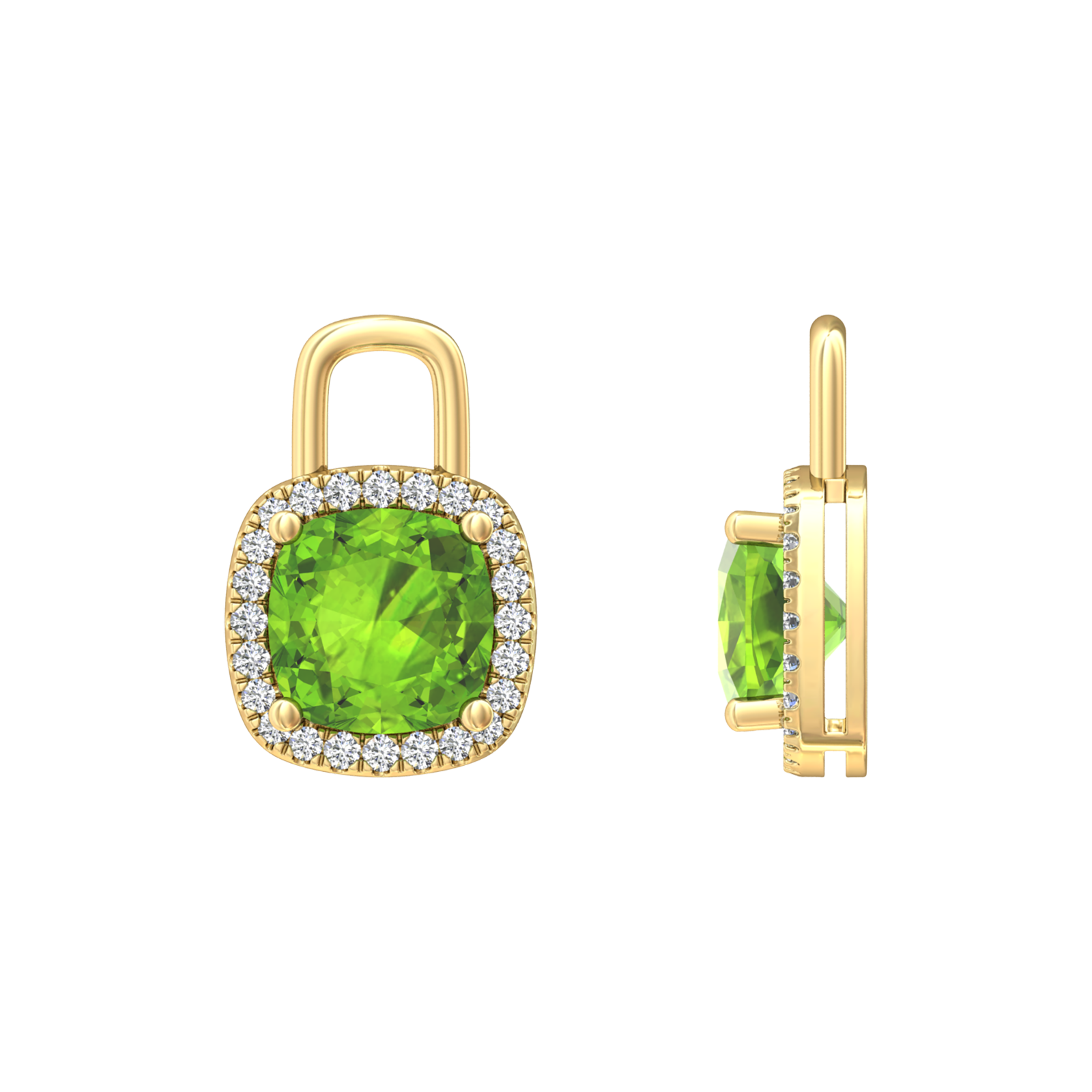 Nova diamond set earrings attachments set with a cushion shaped Peridot Gardiner Brothers
