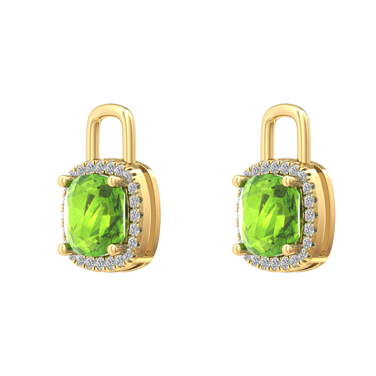 Nova diamond set earrings attachments set with a cushion shaped Peridot Gardiner Brothers
