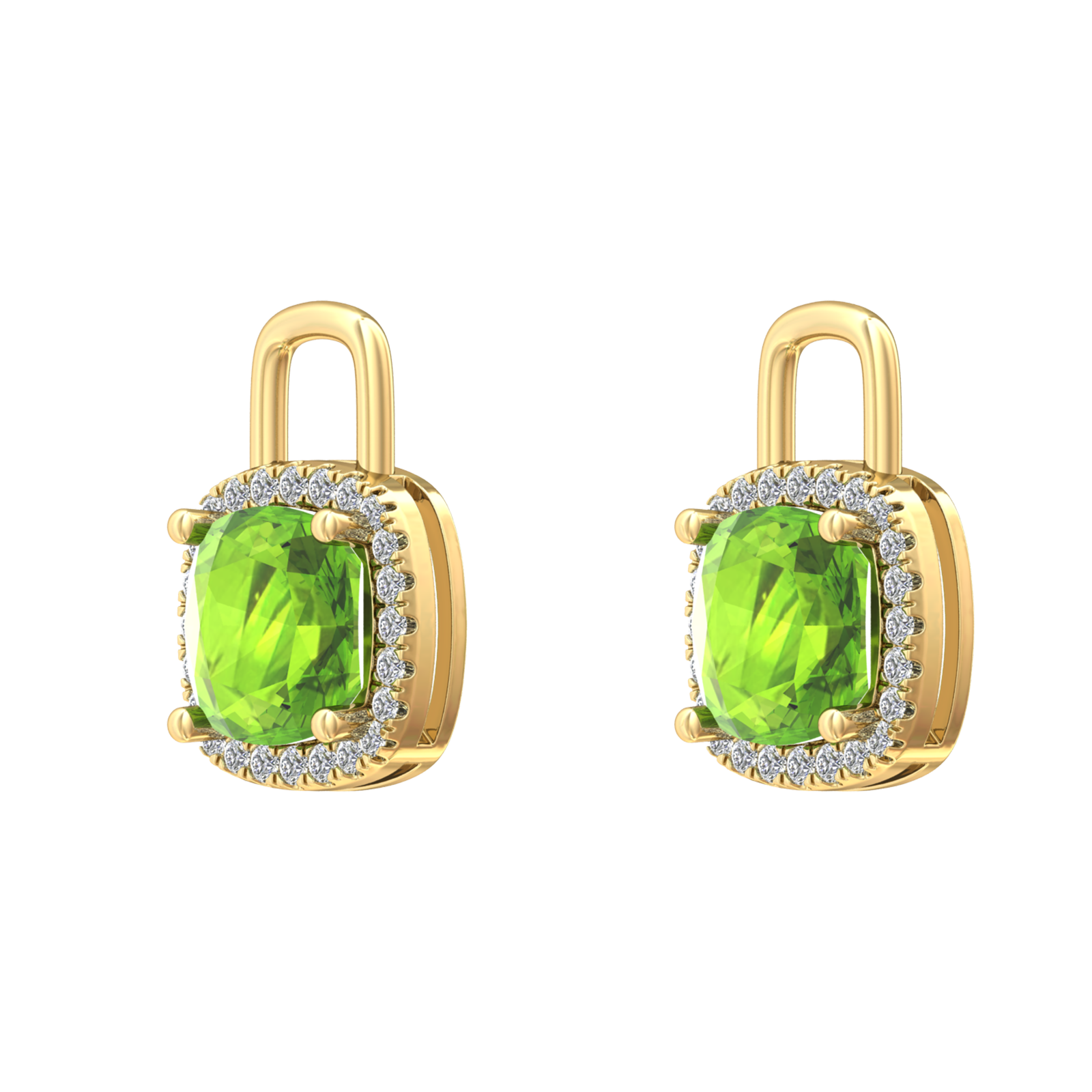 Nova diamond set earrings attachments set with a cushion shaped Peridot Gardiner Brothers