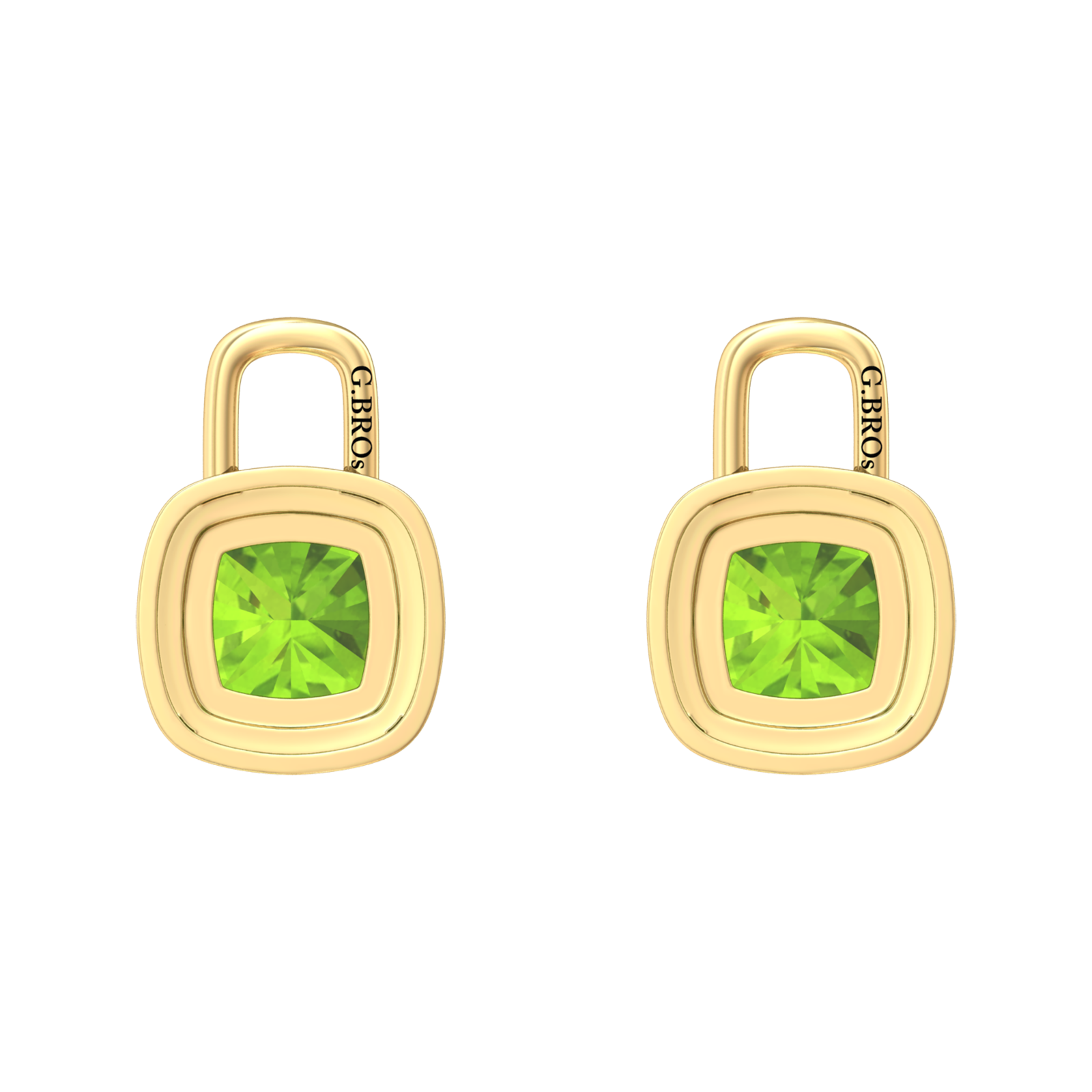 Nova diamond set earrings attachments set with a cushion shaped Peridot Gardiner Brothers