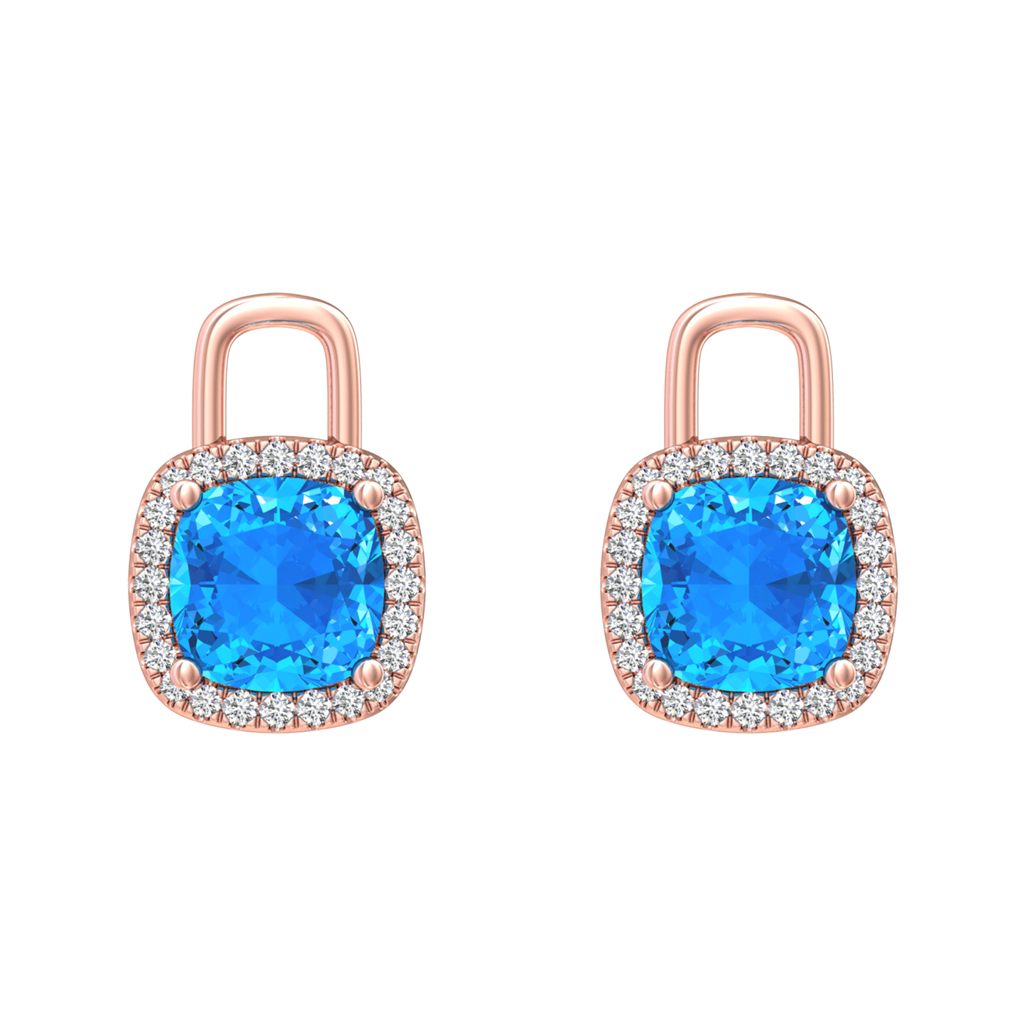 Nova diamond set earrings attachments set with a cushion shaped Swiss Blue Topaz Gardiner Brothers Rose Gold
