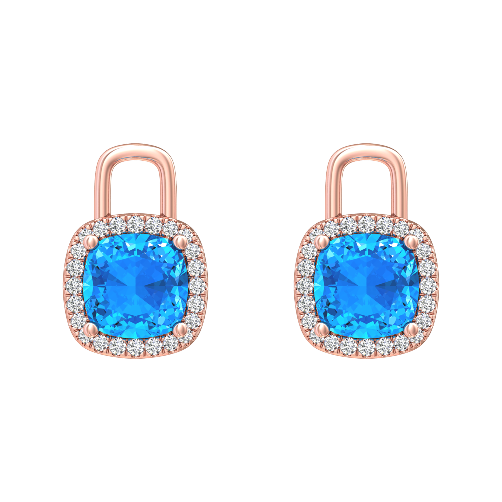 Nova diamond set earrings attachments set with a cushion shaped Swiss Blue Topaz Gardiner Brothers Rose Gold