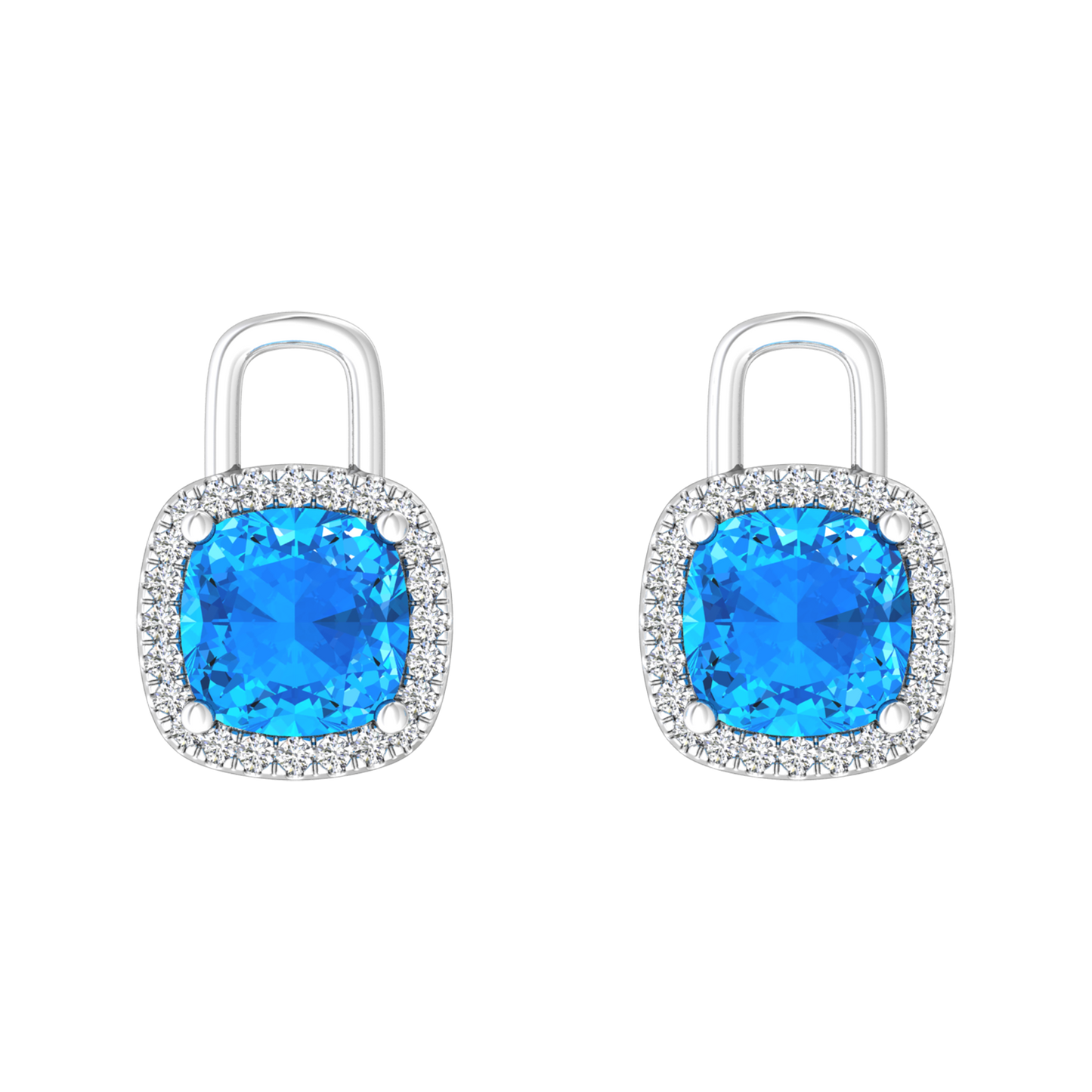 Nova diamond set earrings attachments set with a cushion shaped Swiss Blue Topaz Gardiner Brothers White Gold