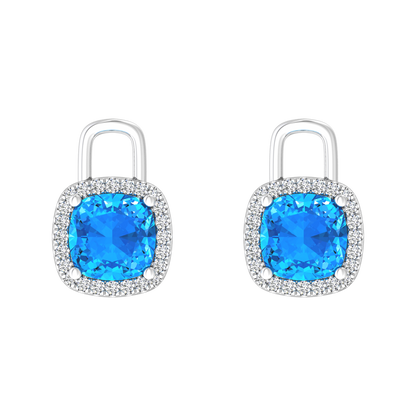 Nova diamond set earrings attachments set with a cushion shaped Swiss Blue Topaz Gardiner Brothers White Gold