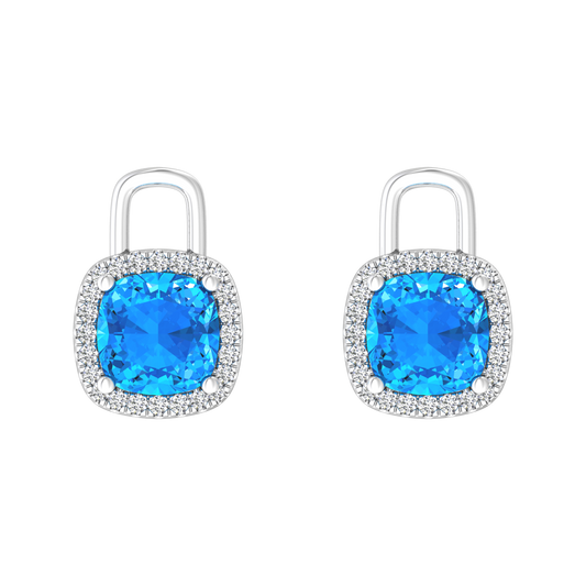 Nova diamond set earrings attachments set with a cushion shaped Swiss Blue Topaz Gardiner Brothers White Gold