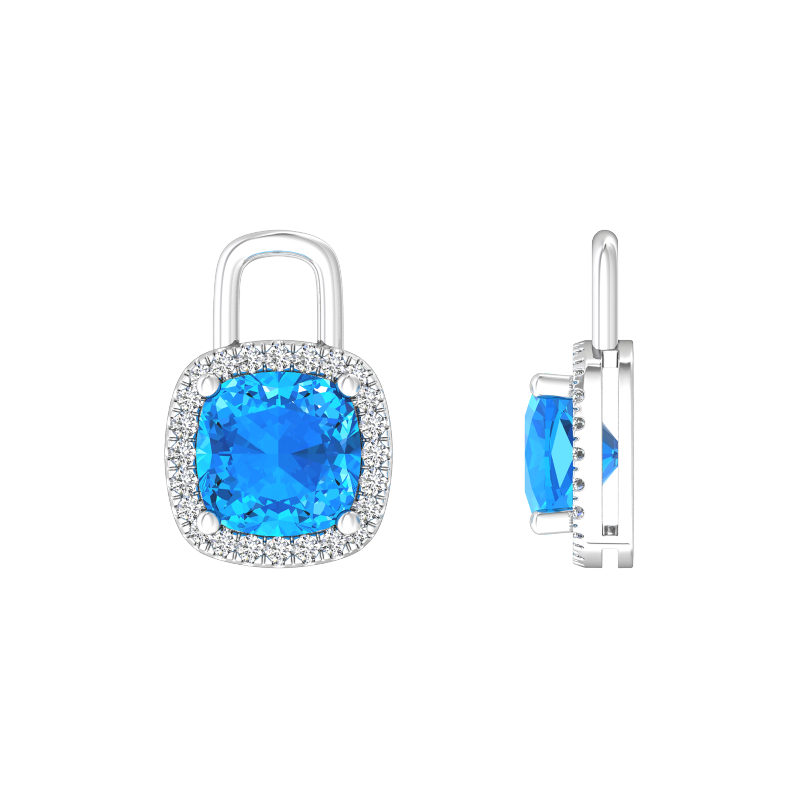 Nova diamond set earrings attachments set with a cushion shaped Swiss Blue Topaz Gardiner Brothers