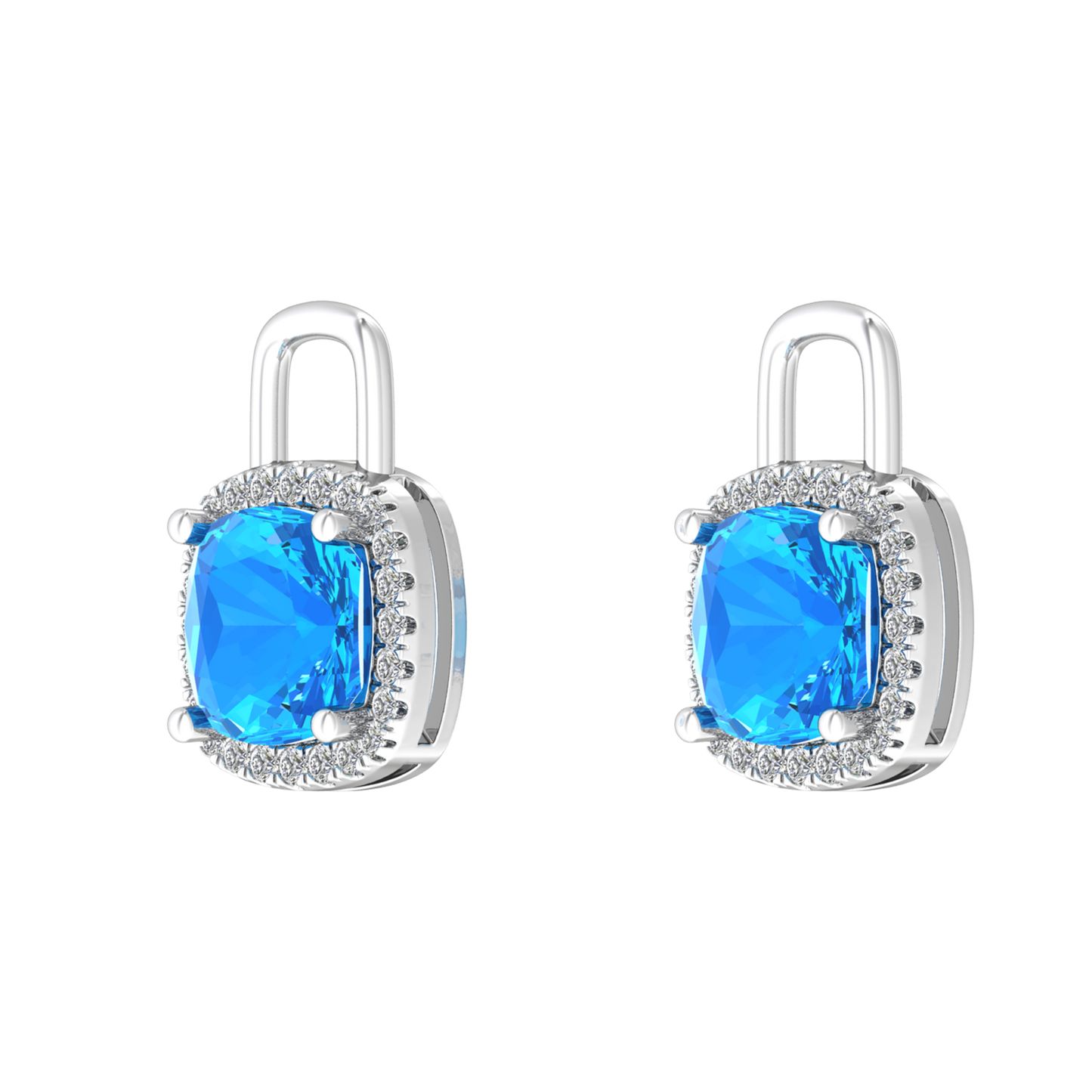 Nova diamond set earrings attachments set with a cushion shaped Swiss Blue Topaz Gardiner Brothers