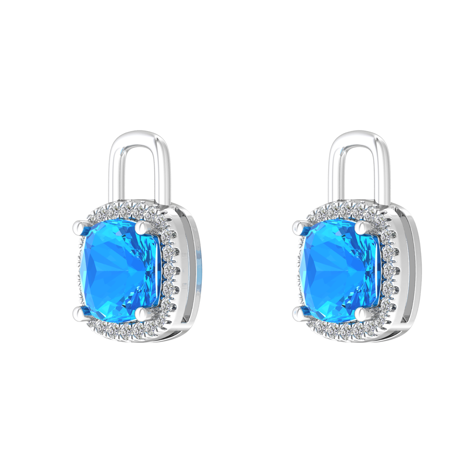 Nova diamond set earrings attachments set with a cushion shaped Swiss Blue Topaz Gardiner Brothers