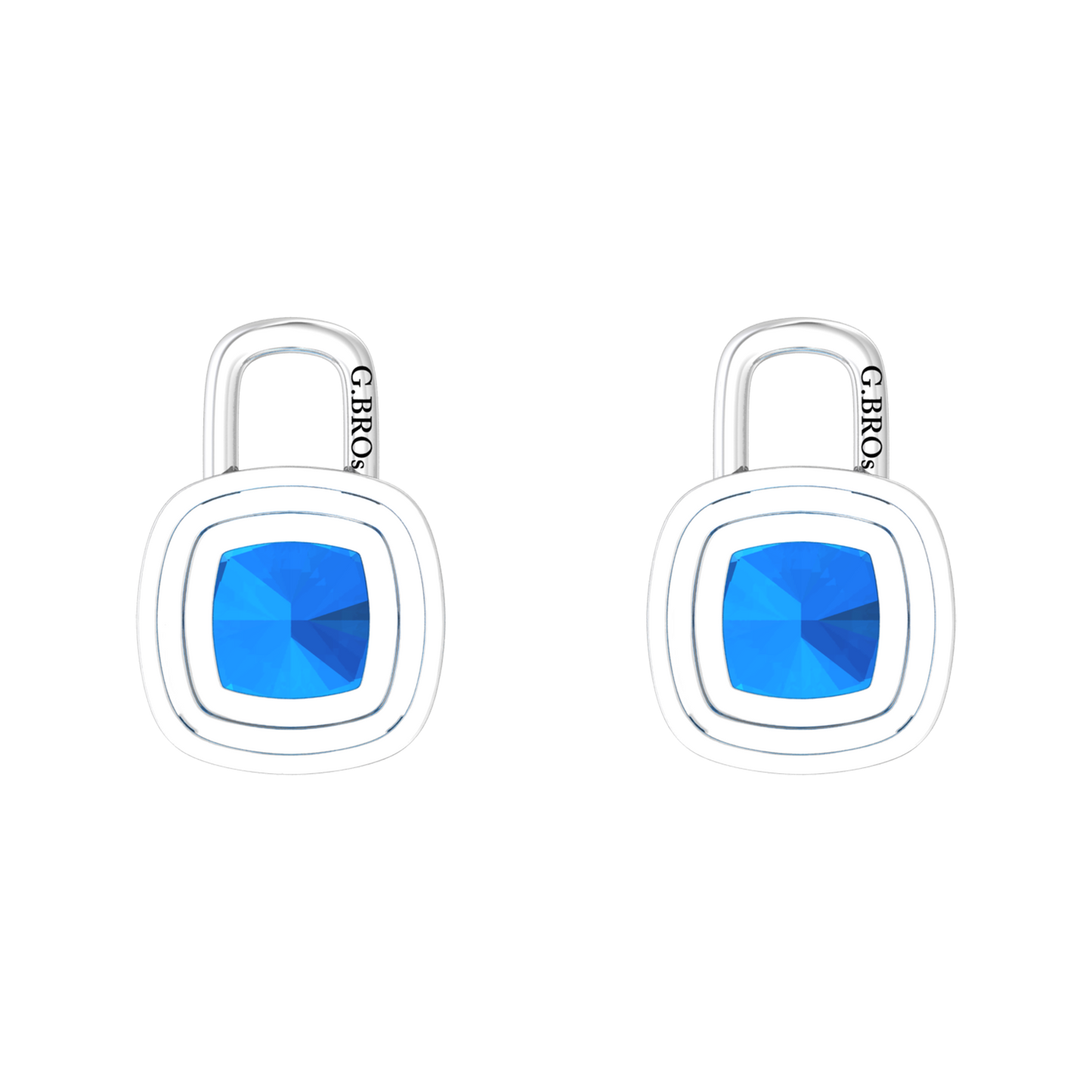 Nova diamond set earrings attachments set with a cushion shaped Swiss Blue Topaz Gardiner Brothers