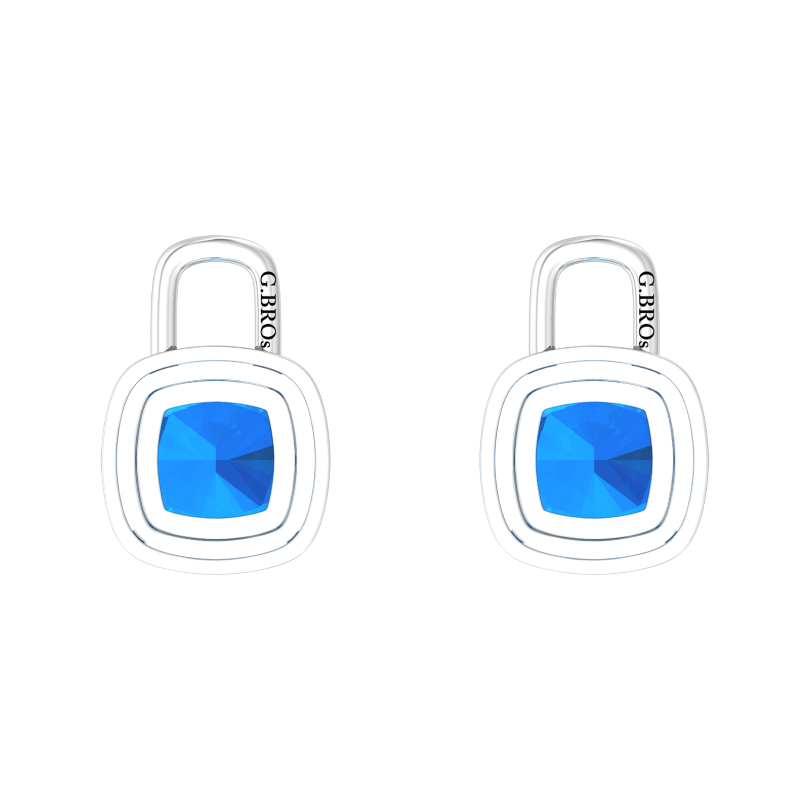 Nova diamond set earrings attachments set with a cushion shaped Swiss Blue Topaz Gardiner Brothers