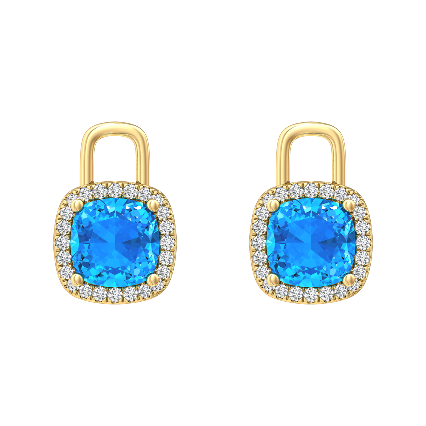 Nova diamond set earrings attachments set with a cushion shaped Swiss Blue Topaz Gardiner Brothers Yellow Gold
