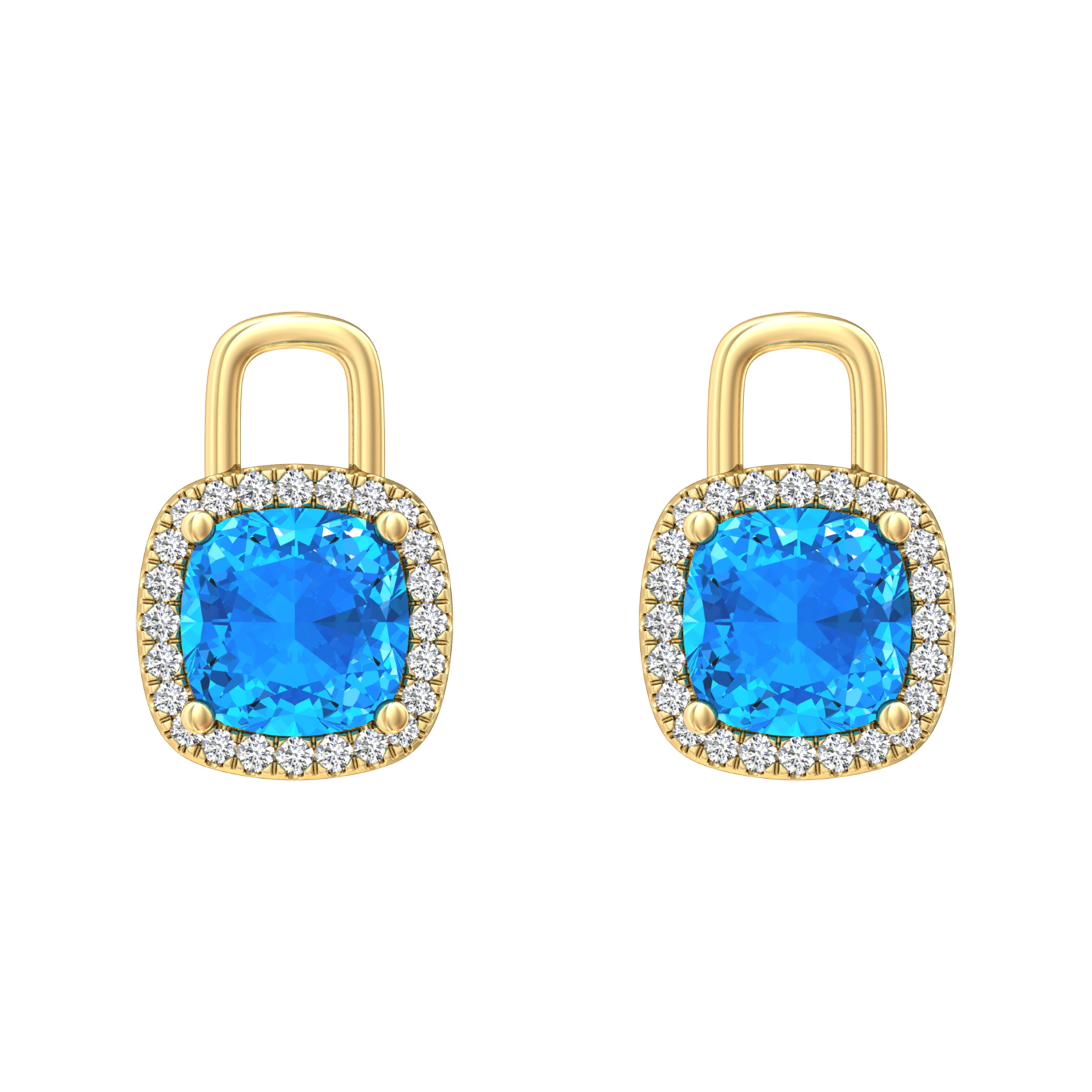 Nova diamond set earrings attachments set with a cushion shaped Swiss Blue Topaz Gardiner Brothers Yellow Gold