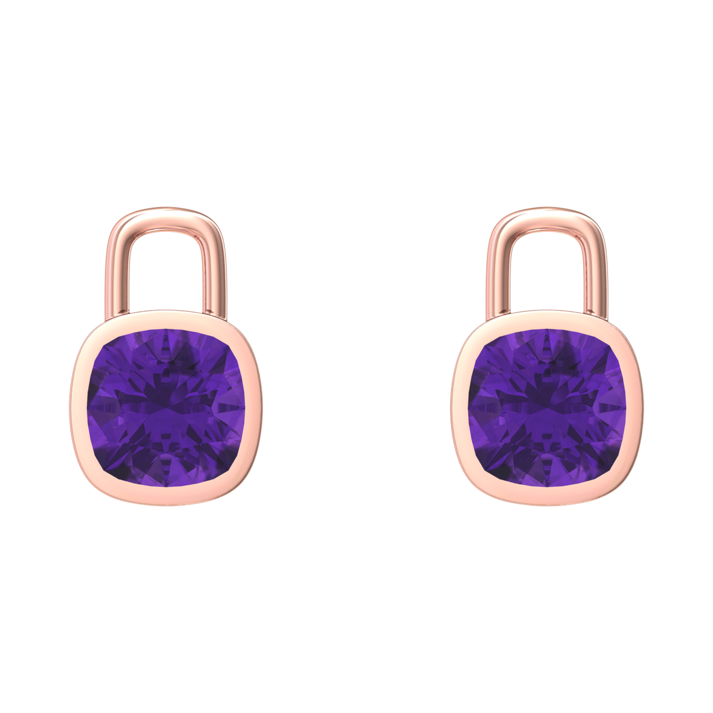 Nova earring attachments in a plain bezel setting with cushion shaped Amethyst Gardiner Brothers