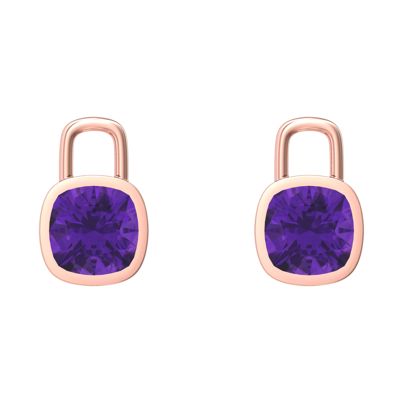 Nova earring attachments in a plain bezel setting with cushion shaped Amethyst Gardiner Brothers