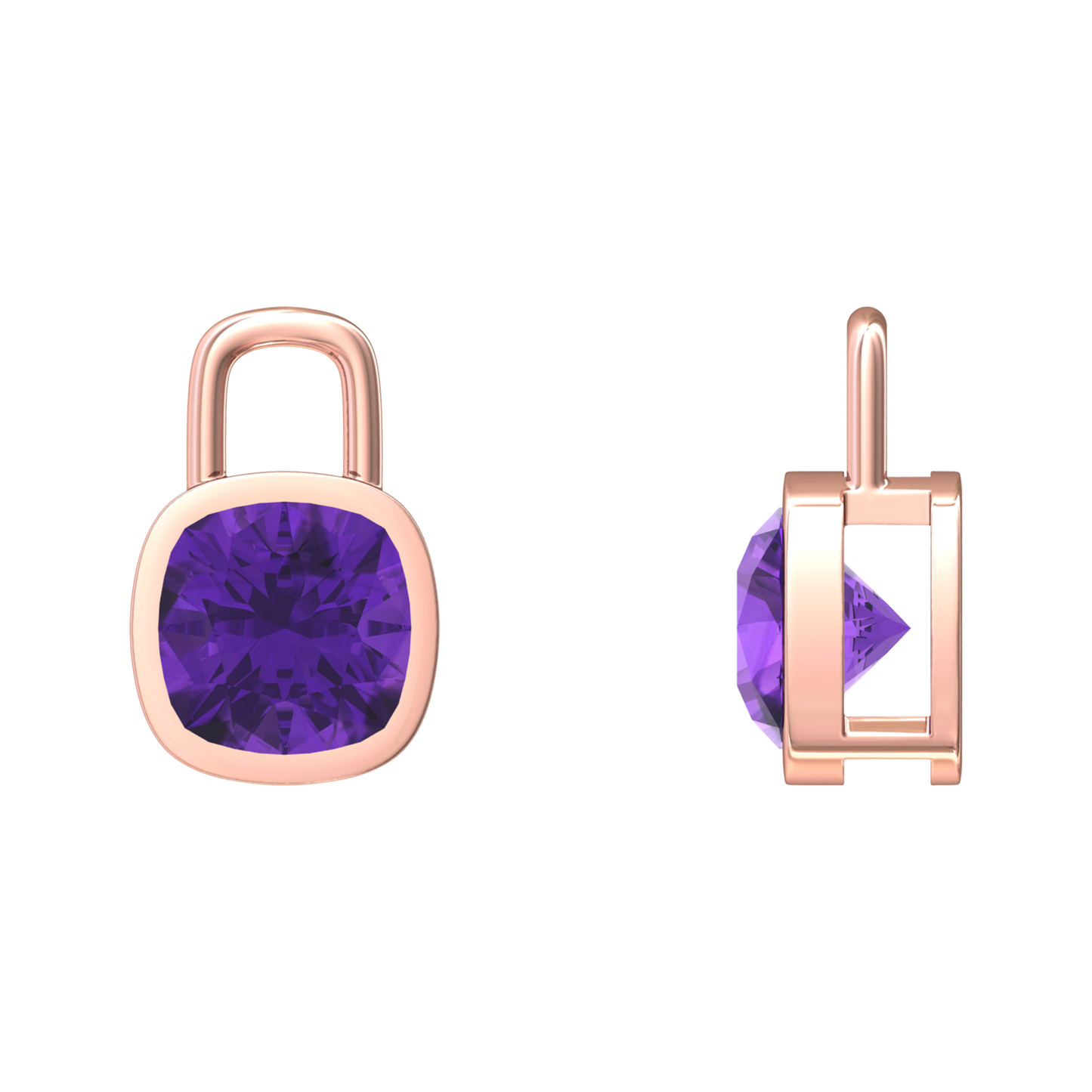 Nova earring attachments in a plain bezel setting with cushion shaped Amethyst Gardiner Brothers