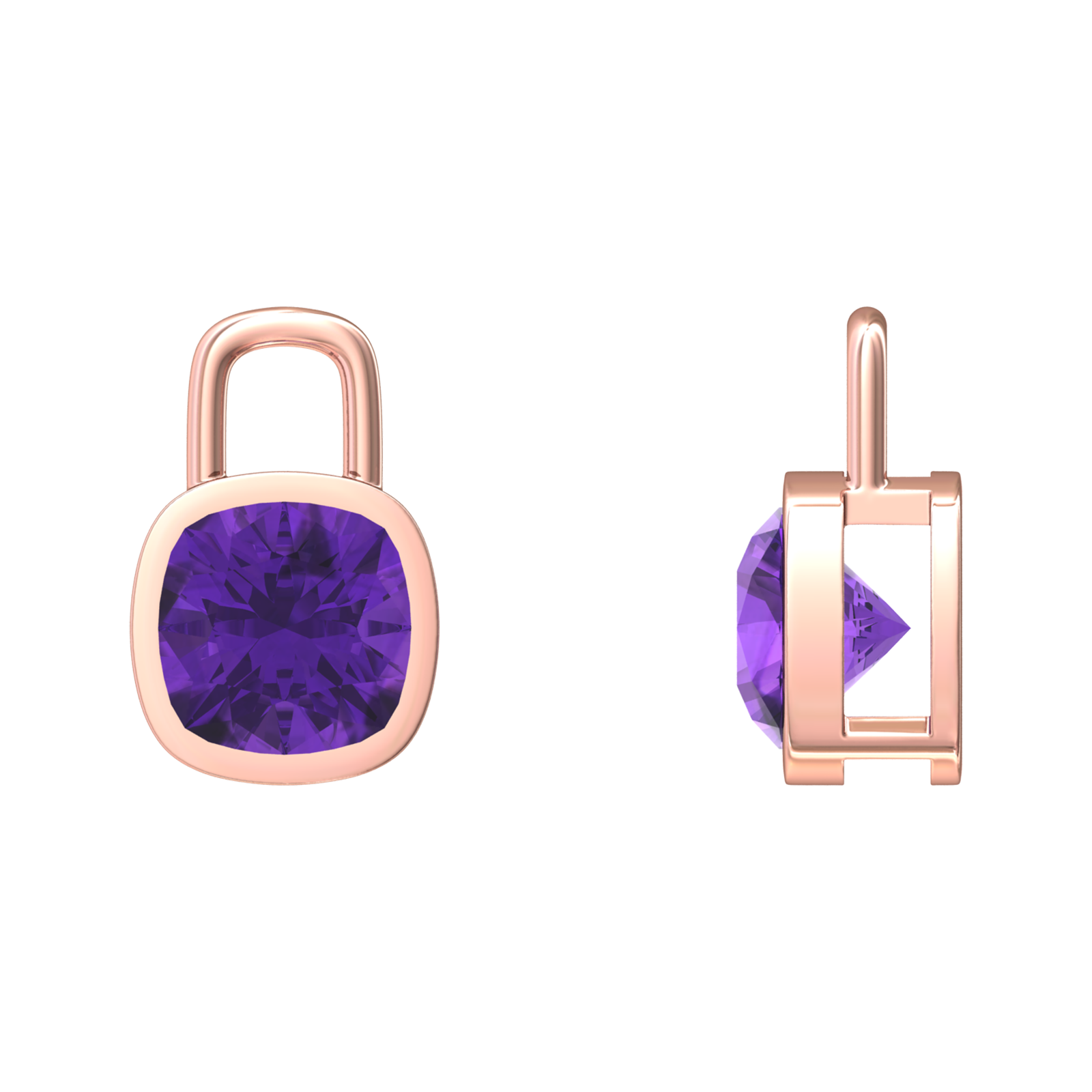 Nova earring attachments in a plain bezel setting with cushion shaped Amethyst Gardiner Brothers