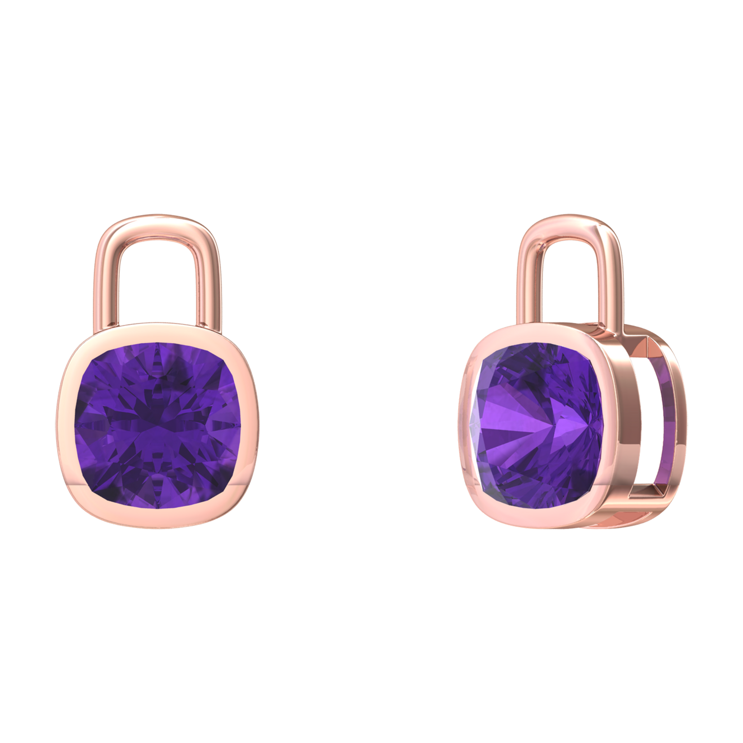 Nova earring attachments in a plain bezel setting with cushion shaped Amethyst Gardiner Brothers Rose Gold