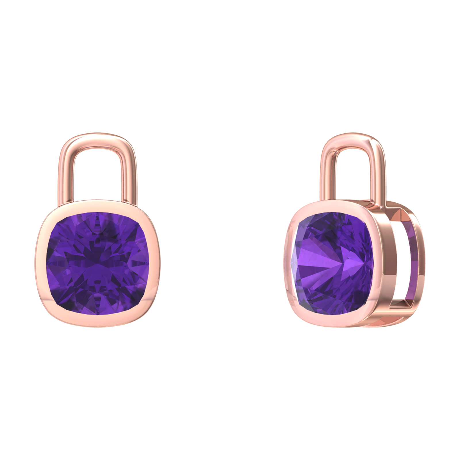Nova earring attachments in a plain bezel setting with cushion shaped Amethyst Gardiner Brothers Rose Gold