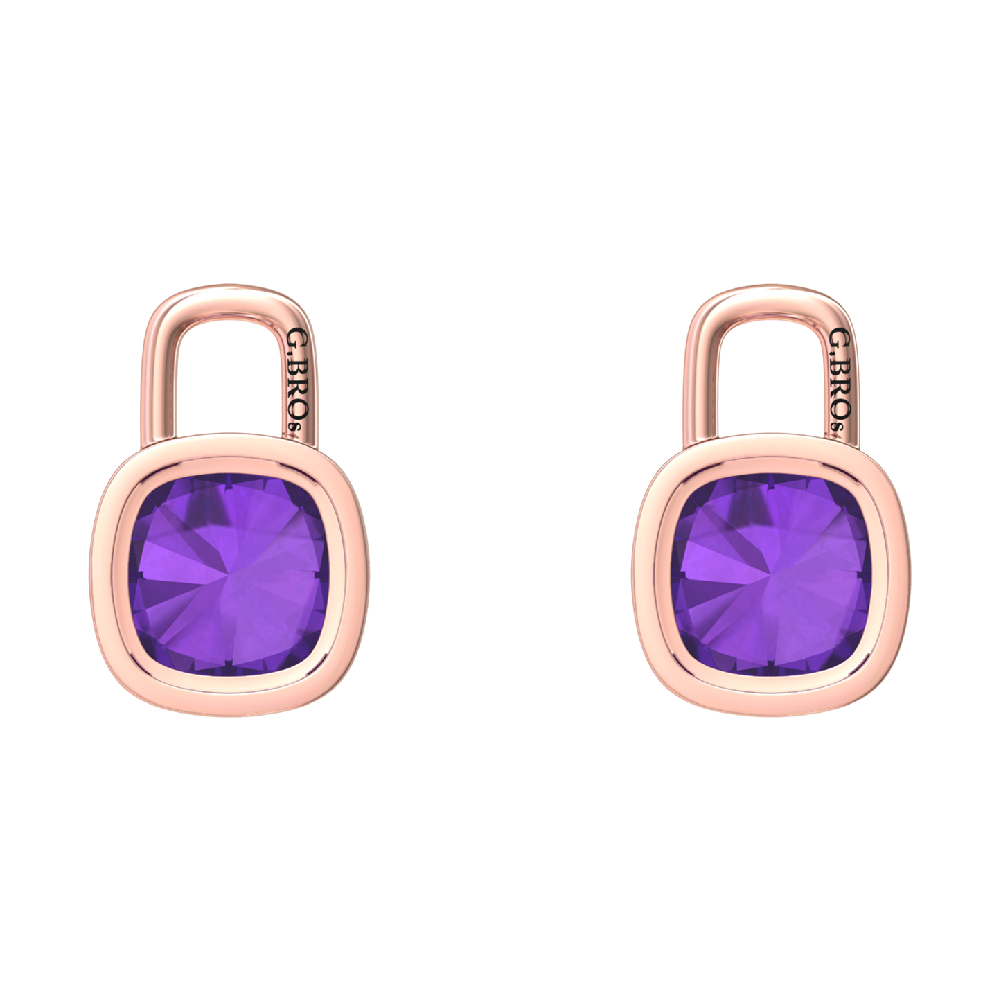Nova earring attachments in a plain bezel setting with cushion shaped Amethyst Gardiner Brothers