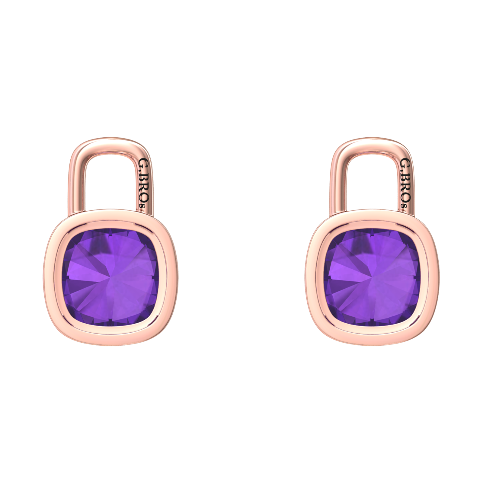 Nova earring attachments in a plain bezel setting with cushion shaped Amethyst Gardiner Brothers