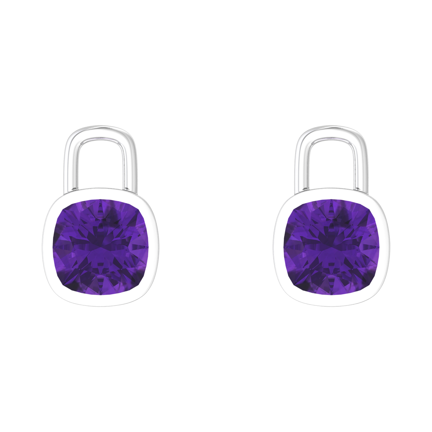 Nova earring attachments in a plain bezel setting with cushion shaped Amethyst Gardiner Brothers