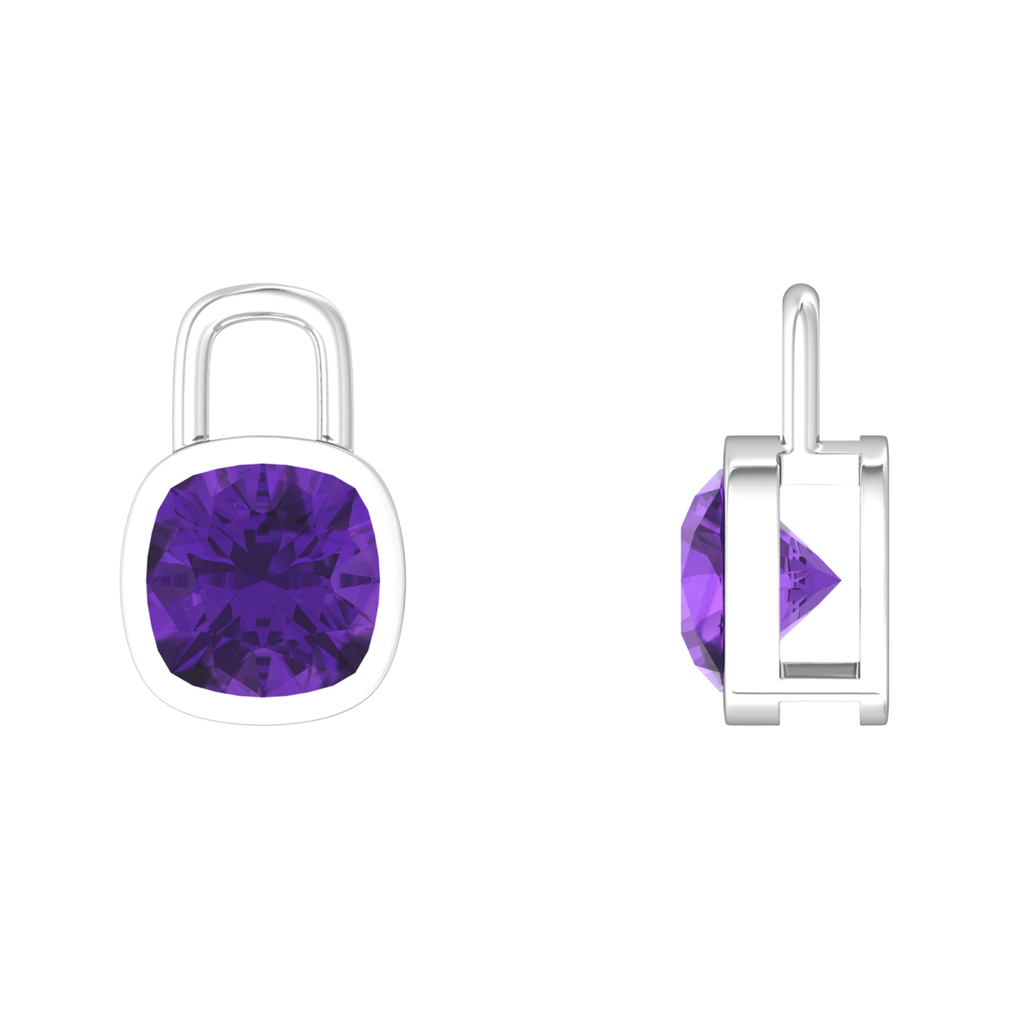 Nova earring attachments in a plain bezel setting with cushion shaped Amethyst Gardiner Brothers