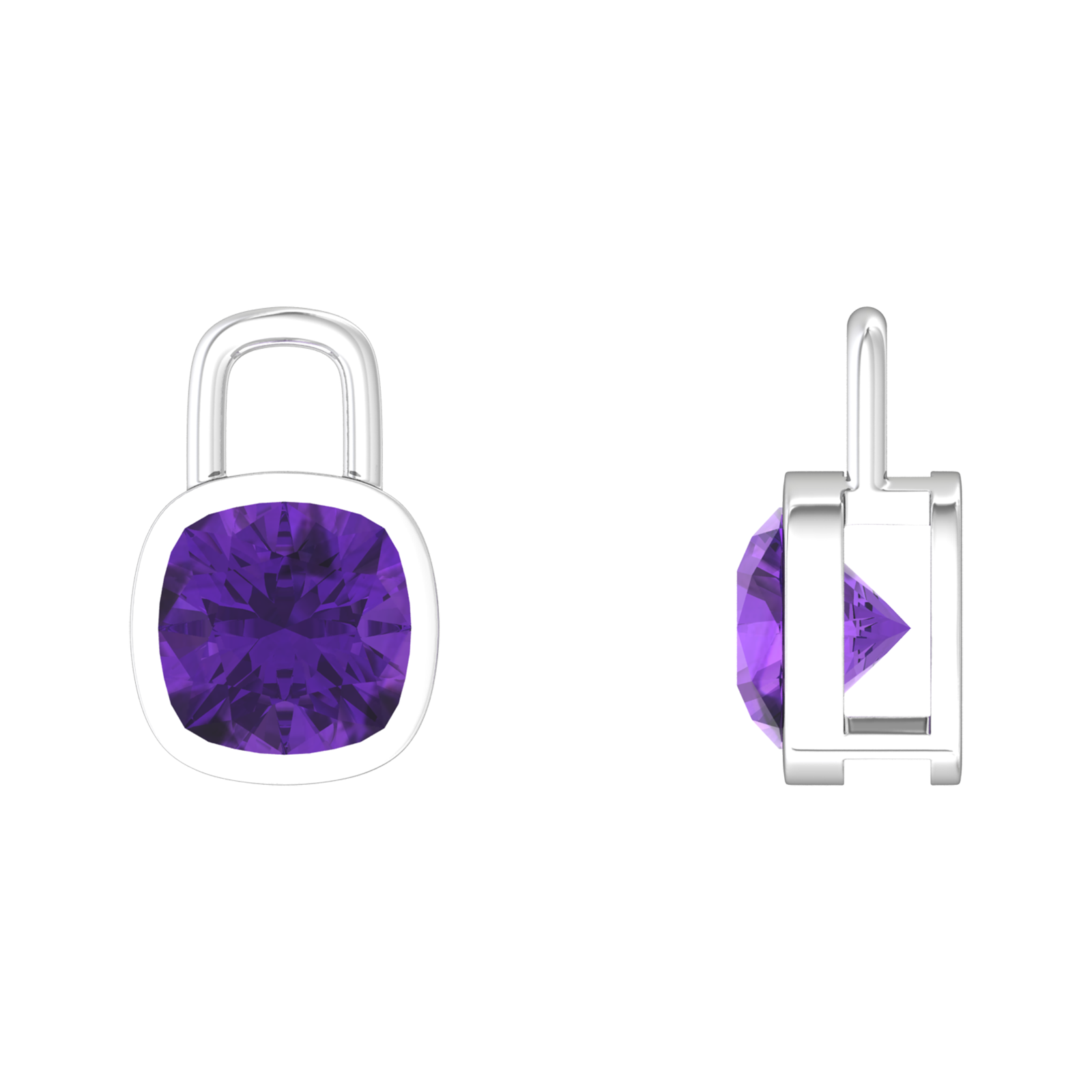 Nova earring attachments in a plain bezel setting with cushion shaped Amethyst Gardiner Brothers