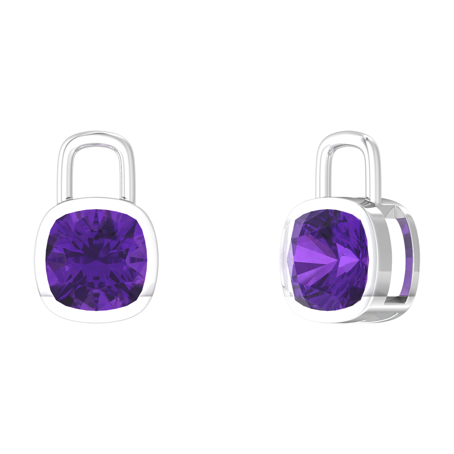 Nova earring attachments in a plain bezel setting with cushion shaped Amethyst Gardiner Brothers White Gold