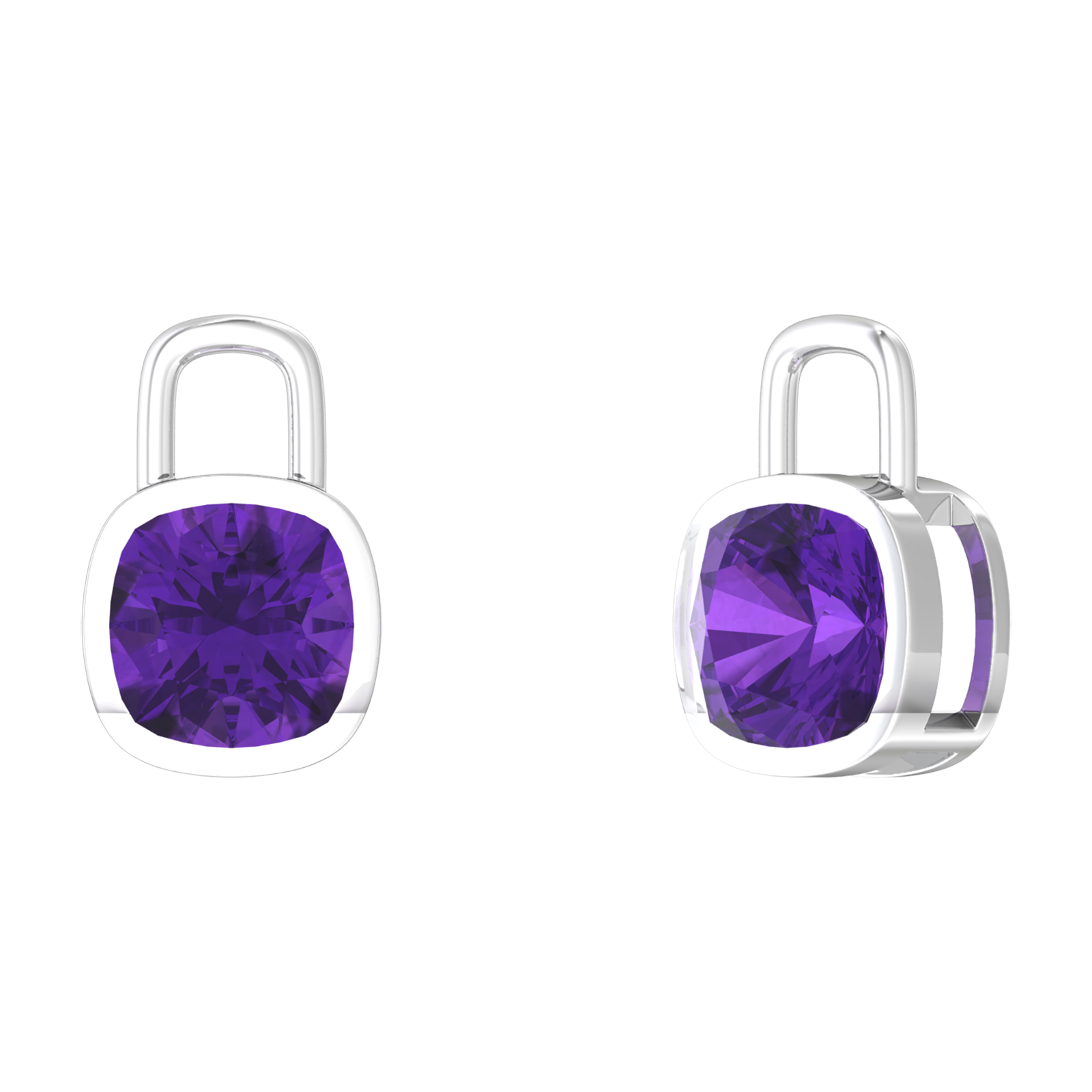 Nova earring attachments in a plain bezel setting with cushion shaped Amethyst Gardiner Brothers White Gold