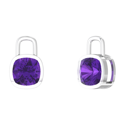 Nova earring attachments in a plain bezel setting with cushion shaped Amethyst Gardiner Brothers White Gold