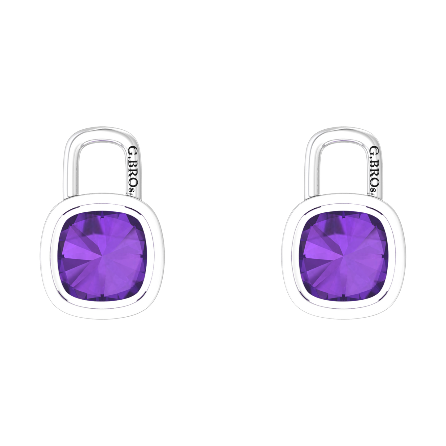 Nova earring attachments in a plain bezel setting with cushion shaped Amethyst Gardiner Brothers