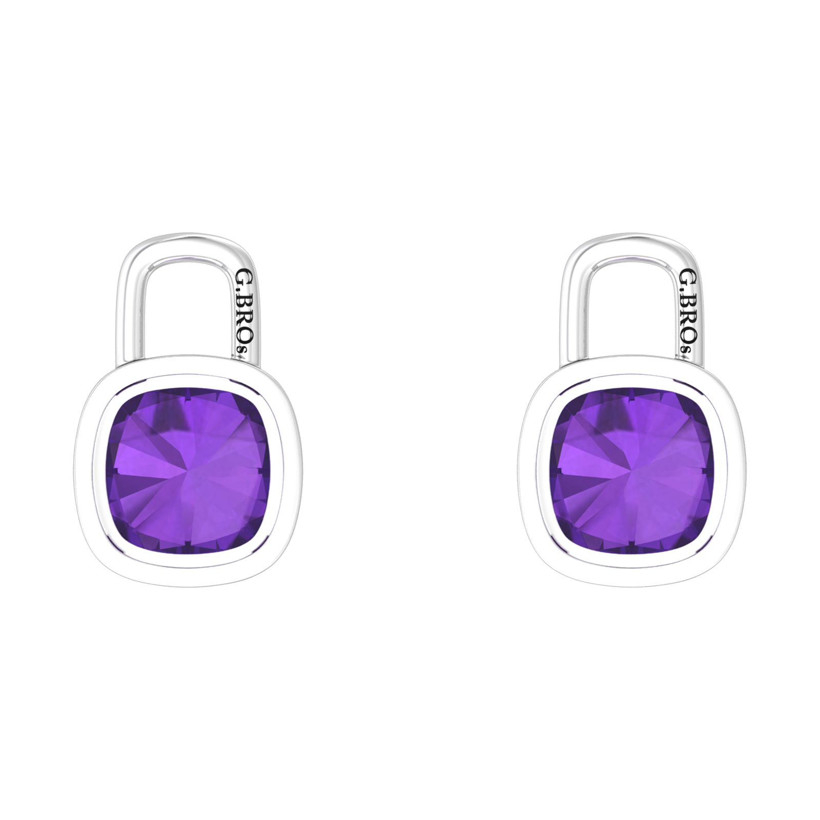 Nova earring attachments in a plain bezel setting with cushion shaped Amethyst Gardiner Brothers