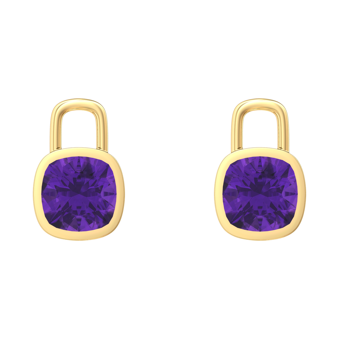 Nova earring attachments in a plain bezel setting with cushion shaped Amethyst Gardiner Brothers