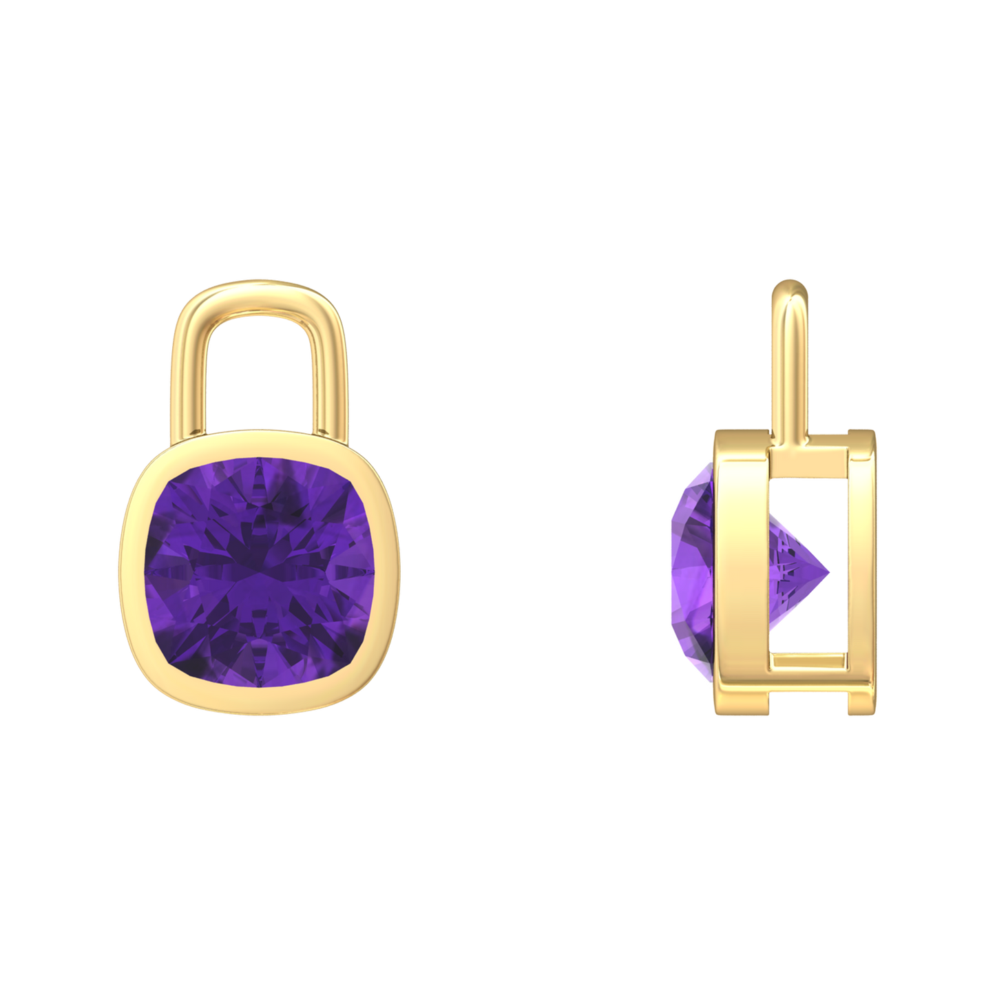 Nova earring attachments in a plain bezel setting with cushion shaped Amethyst Gardiner Brothers
