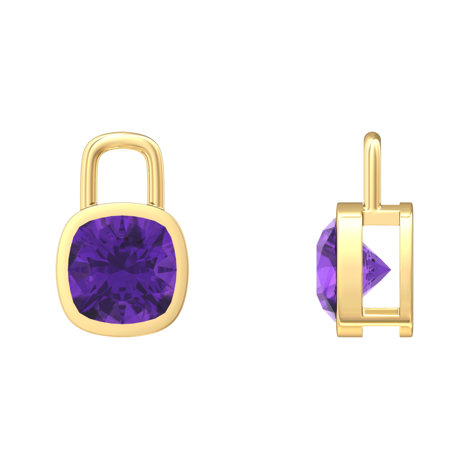 Nova earring attachments in a plain bezel setting with cushion shaped Amethyst Gardiner Brothers