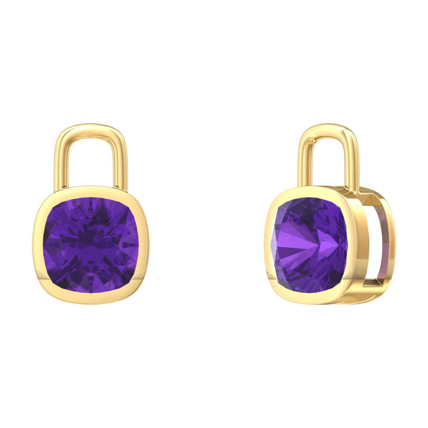 Nova earring attachments in a plain bezel setting with cushion shaped Amethyst Gardiner Brothers Yellow Gold