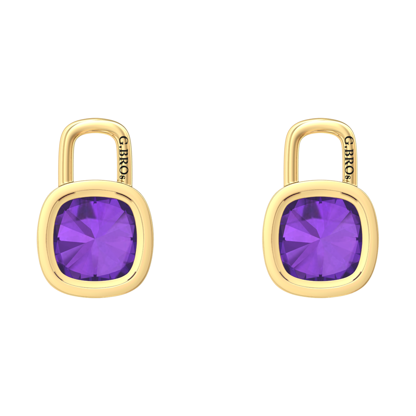 Nova earring attachments in a plain bezel setting with cushion shaped Amethyst Gardiner Brothers